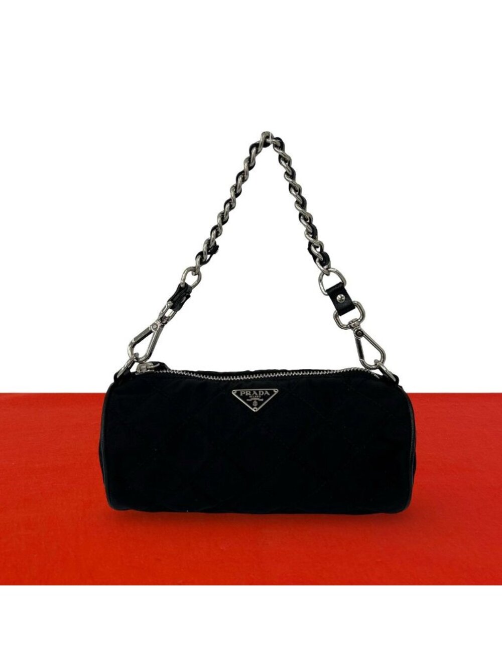 Prada Triangle Logo Quilted Tessuto Nylon Leather Mini Handbag Pouch Black